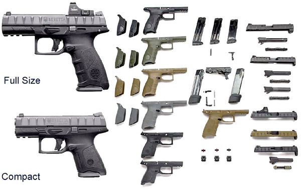Сравнение модели Compact с полноразмерной базовой молелью и сменные комплекты стволов, затворов и пистолетных рукояток