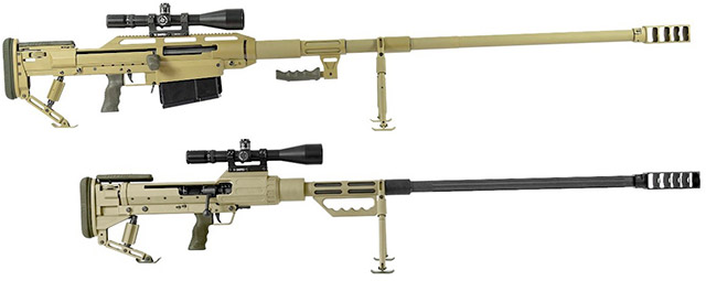 Магазинная 14,5-мм винтовка Snipex Alligator (сверху) и однозарядная 14,5-мм винтовка Snipex T-Rex (снизу)