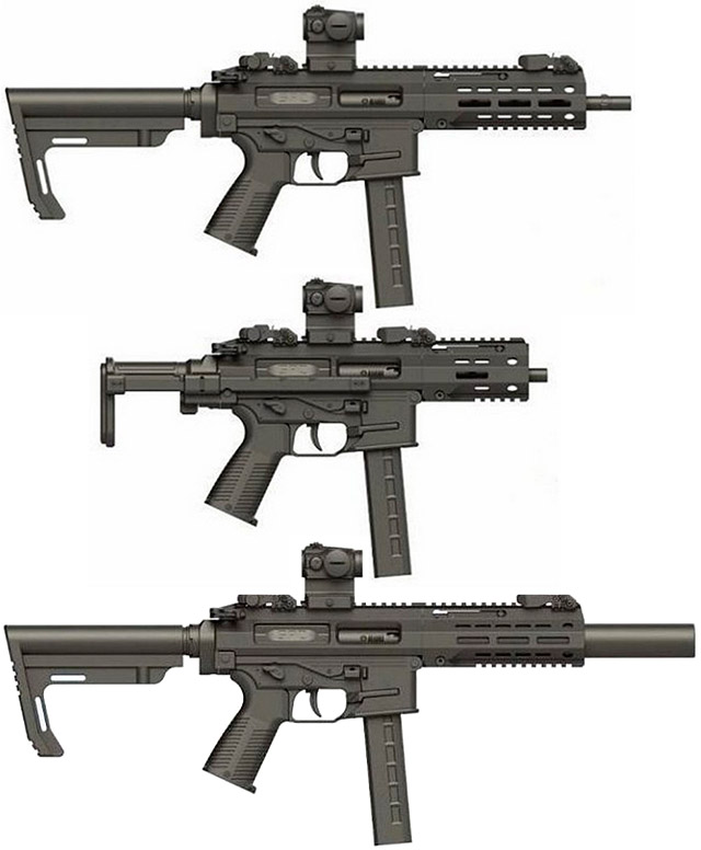 Сверху - вниз: BT SPC9 в варианте Carbine, BT SPC9 в варианте оружия 
ближнего боя (PDW), BT SPC9 в варианте SD (с интегрированным глушителем)