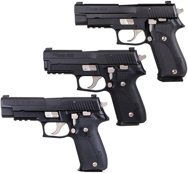 Пистолеты SIG Sauer Р220 (вверху) и P226 серии Nightmare имеют одинаковые габариты, а P229 (в центре) на 16 мм короче