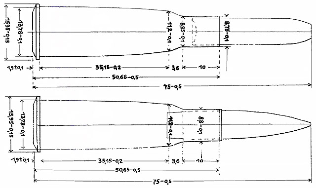 8х50R Lebel: «M 1886» образца 1886 года (сверху) и «M 1886 D» образца 1898 года (снизу)