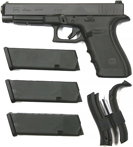 Glock 41 с используемыми магазинами и сменными накладками спинки рукоятки