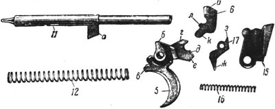 Детали ударно-спускового механизма Roth-Steyr M 1907: 5 – спусковой крючок; 6 – автоматический предохранитель; 11 – ударник; 12 – боевая пружина; 15 – спусковой рычаг; 16 – спусковая пружина; 17 – разобщитель.