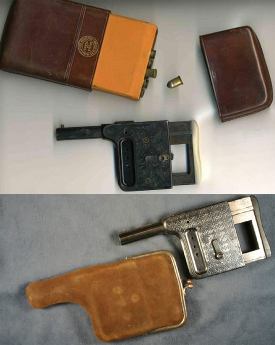 Варианты скрытого ношения пистолетов «Le Gaulois» в портсигаре (вверху) и в кошельке (внизу)