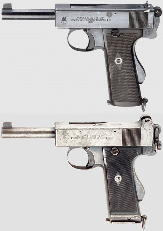 Webley & Scott Pistol self-loading .455 Mark I Navy (сверху) и Webley & Scott Pistol self-loading .455 Mark I № 2 (снизу)