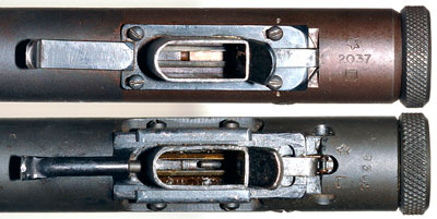 Вид на приемник магазина Welrod Mk II (сверху) и Welrod Mk IIA (снизу)