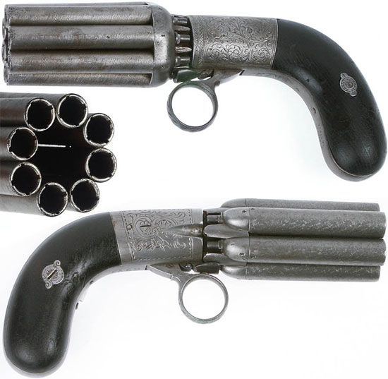 Mariette Brevete Pepperbox калибра 7.8 мм (вверху) и 9.6 мм (внизу) с 8 стволами длиной 90 мм, общая длина - 200 мм