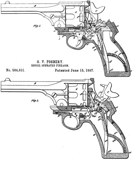 Схема из патента США, выданного полковнику Фосбери на его автоматический револьвер. Fig.1 - Верхняя часть рамки находится в исходном (переднем) положении. Fig.2 - Верхняя часть рамки отошла назад под действием отдачи, взводя курок и вращая барабан. (Следует обратить внимание, что схема проворота барабана отличается от решения, использованного на серийных револьверах Webley-Fosbery)