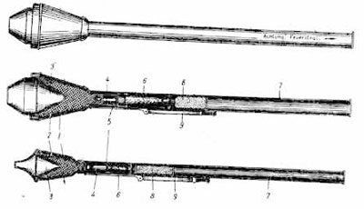 Фаустпатрон 30 m (малый): 1 - корпус гранаты, 2 - разрывной заряд, 3 - кумулятивная воронка, 4 - промежуточный детонатор, 5 - взрыватель, 6 - деревянный стержень гранаты, 7 - ствол, 8 - реактивный (вышибной) заряд из черного пороха, 9 - ударный механизм.