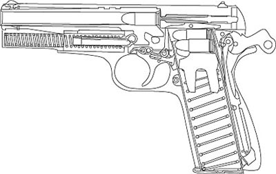Схема (разрез) 9-мм пистолета «Браунинг» НР М 1935 с отъемным коробчатым магазином с двухрядным расположением патронов