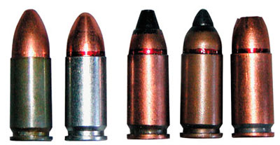 9х19 пистолетные патроны (слева — направо): 9х19.000 Ульяновского механического завода; 9х19 ПСО Тульского патронного завода; 7 Н21; ПБП (7 Н31); патрон с пулей пониженной рикошетирующей способностью со свинцовым сердечником