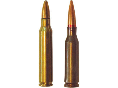 5,56х45 винтовочный патрон М 193 американского 
производства (слева), 5,45х39 автоматный патрон 7Н6 советского 
производства (справа)