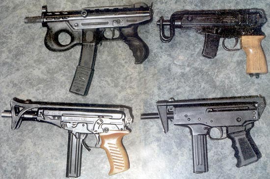На фото сверху: современные пистолеты-пулеметы, стреляющие с переднего шептала: «Аграм-2000» (Хорватия), «Скорпион» (Чехословакия), «Кипарис», «Кедр» (Россия)
