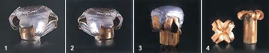 Различные типы после попадания в тело животного: 1 - Super Hammerhead; 2 - Hammerhead; 3 - Twinhead; 4 - Powerhead