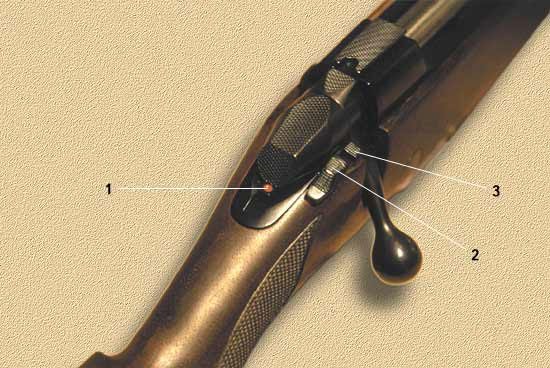 1 - указатель взведения ударника (красная марка видна при взведённом ударнике); 2 - предохранитель; 3 - кнопка, используемая для разряжания оружия