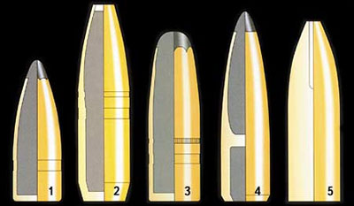 Различные типы пуль, используемые фирмой SAKO при снаряжении патронов: 1 - Gamehead; 2 - Super Hammerhead; 3 - Hammerhead; 4 - Twinhead; 5 - Powerhead