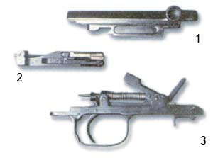 Детали карабина СКС. 1 - затворная рама; 2 - затвор; 3 - ударно-спусковой механизм