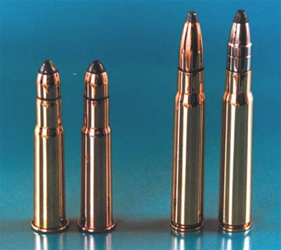 9-мм охотничьи патроны. 1 - патрон 9х53 с латунной гильзой, 2 - патрон 9х53 с биметаллической гильзой, 3 - отечественный патрон 9,3х64, разработанный в ЦНИИТОЧМАШ 4 - патрон 9,3х64 немецкой фирмы Dynamit Nobel