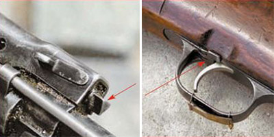 Слева: стрелкой показан газовый регулятор. Справа: предохранитель 
винтовки раполагался в задней части спусковой скобы и запирал спусковой 
крючок (на фото предохранитель включен)