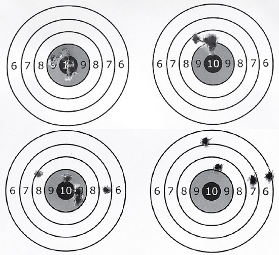 Результаты тестового отстрела винтовок на дистанции 50 м (вверху) и 100 м. Слева — Mark II FV-SR, справа — Mark II FVXP