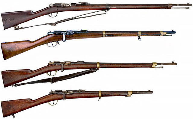 Сверху - вниз: Fusil d'infanterie Gras Mle 1874, Carabine de cavalerie Mle 1874, Carabine de gendarmerie Mle 1874, Mousqueton d'artillerie Gras Mle 1874