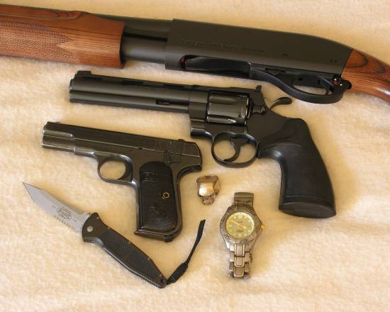 Remington 870, Colt Python, Colt 1903, Microtech