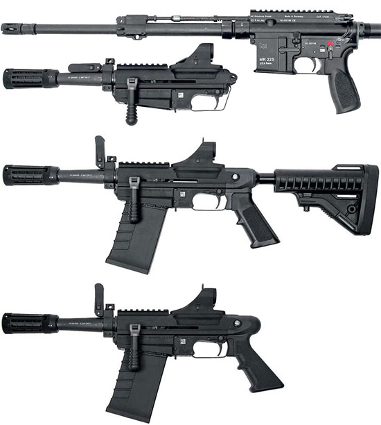 M26 MASS в 
конфигурации Attached (сверху), Stand Alone (в середине), Pistol 
(снизу)