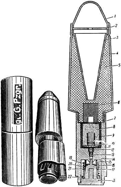 большая ружейная бронебойная граната grosse Gewehrpanzergranate (укупорка, общий вид, холостой патрон и разрез) 1 – баллистический колпак (наконечник), 2 – диафрагма, 3 – кумулятивная воронка, 4 – корпус, 5 – разрывной заряд (ТНТ), 6 – дополнительный детонатор (ТЭН), 7 – бумажная прокладка, 8 – детонатор, 9 – изоляционная лента, 10 – капсюль-детонатор, 11 – бумажные прокладки, 12 – втулка, 13 – капсюль-воспламенитель, 14 – стебель, 15 – ленточная пружина, 16 – ударник с жалом, 17 – предохранительная пружина, 18 – дно, 19 – шайба, 20 – жесткий предохранитель, 21 – инерционное кольцо, 22 – опорная шайба.