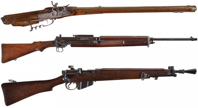 Сверху - вниз: Andreas Weschgin Air Gun, Vickers-Berthier Model 1919 Rifle, Ishapore #1 MkIII* SMLE Rifle in «Jungle» Configuration