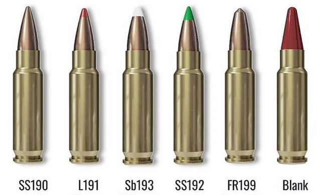 Рисунки патронов 5,7×28 мм с различными пулями. Слева направо: 
со стальным сердечником, трассирующая, дозвуковая, со свинцовым 
сердечником, разрушающаяся (тренировочная) и пластиковая (холостой 
патрон). Полная номенклатура предлагаемых фирмы FN Herstal снаряжений 
гораздо шире