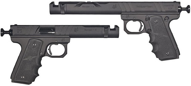 Малокалиберные пистолеты Volquartsen Scorpion-X калибра .22 LR предлагаются со стволами длиной 114 (внизу) или 152 мм