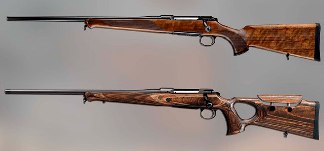 Две новые модели леворуких винтовок серии 101 от компании J.P. Sauer 
& Sohn. Сверху 101 Classic, снизу 101 GTI с ложей из ламинированного
 древесины