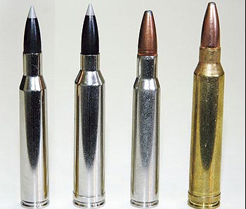 .270 Winchester 7mm Remington Magnum .30-06 .300 Winchester Magnum (слева-направо)