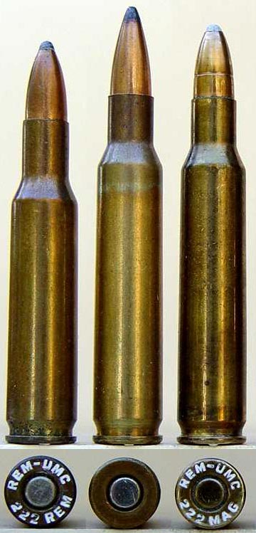 .222 Remington, .22 Experimental, .222 Remington Magnum (слева-направо)