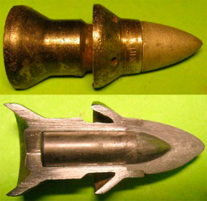 Бронебойный снаряд: общий вид (сверху) и в разрезе (снизу)