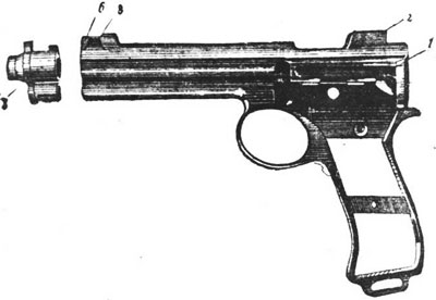 Рамка и муфта ствола Roth-Steyr M 1907: 1 – рамка; 3 – муфта ствола; 8 – стопор муфты.