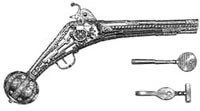 Пистолет с колесцовым замком XVI в. Рядом — ключи для завода пружин замков