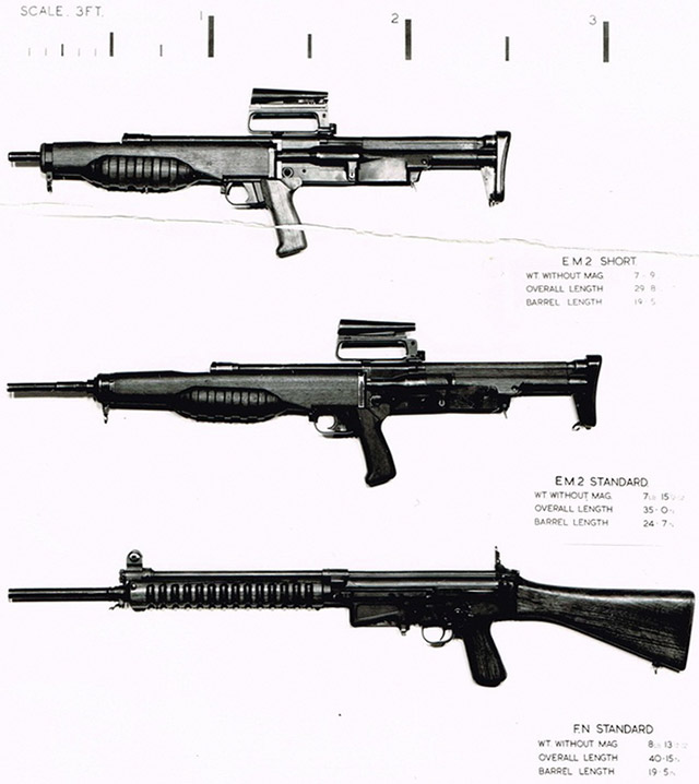 Опытные винтовки EM-2 (в стандартном и укороченном вариантах) и FN FAL