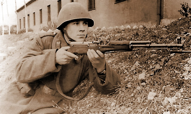 Солдат Советской армии с самозарядным карабином Симонова в руках