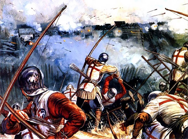 Лучники штурмуют французский лагерь, усиленный артиллерией. На ливреях эмблема Джона Талбота – охотничий пес. Кастильон стал одним из самых крупных английских поражений в ходе Столетней войны и ознаменовал собой конец английского владычества во Франции