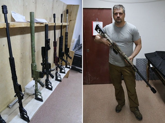 Приготовленные к отправке заказчикам винтовки и Владислав Лобаев с одним из своих детищ в руках