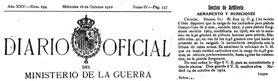 Фрагмент Официального бюллетеня №234 Военного Министерство Испании 14 октября 1912 г. с указанием об уменьшении заряда пороха No.41 для патронов к пистолету Campo-Giro с 0,48 г до 0,40 г
