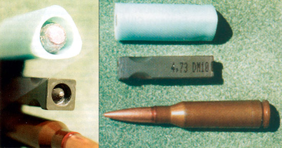 5,45-мм (5,45×39) автоматный патрон образца 1974 года и 
нетрадиционные патроны: 4,73-мм безгильзовый патрон для германской 
винтовки G11; 9-мм патрон Дардик для оружия с открытым патронником. США