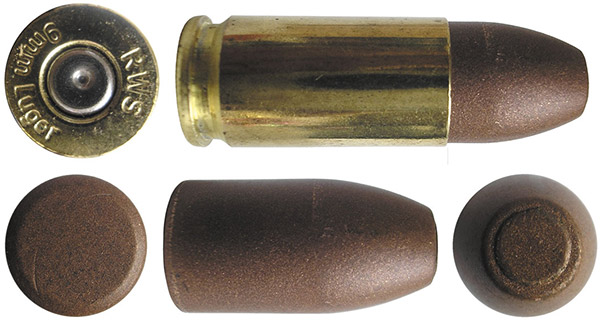 Практический патрон 9х19 с порошковой разрушающейся пулей Copper Matrix 
Frangible bullet для правозащитных органов, выпущенный компанией Ruag 
USA