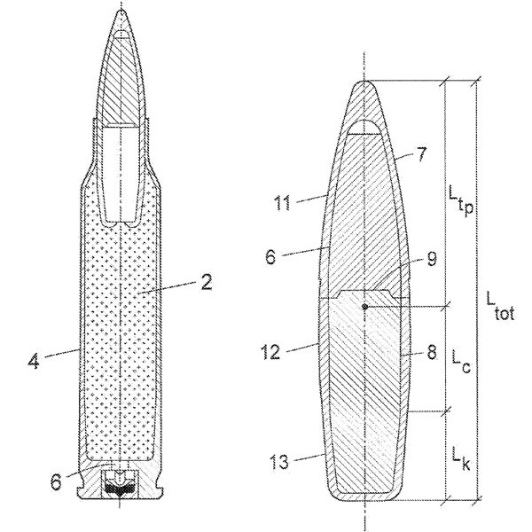 Эскиз патрона и пули с коротким бронебойным сердечником типа Power Ball (US Patent 2015/0144019 от 28.05.2015 г.)