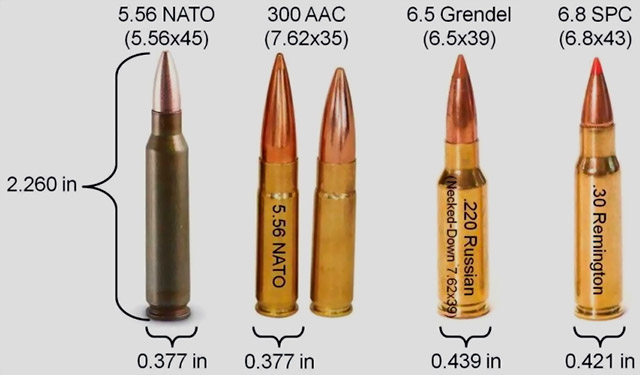 Сравнительные размеры стандартного патрона 5,56×45 мм и опытных боеприпасов