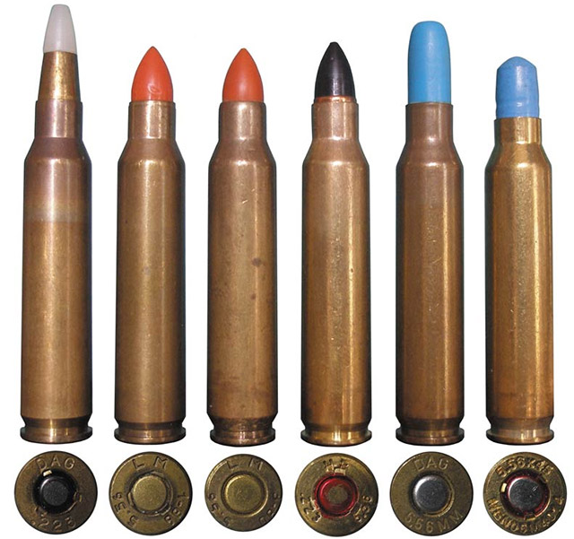 Короткобойные патроны 5,56х45: 1 — низкоскоростной немецкий; 2, 3 — 
французские (№3 — с уменьшенным фланцем); 4 — австрийский; 5, 6 — 
немецкие М862 и DM38