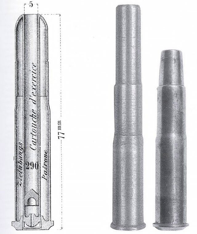 Образцы немецких приборов для стрельбы дробинкой Zeilpatrone в габаритах
 винтовочного 11-мм патрона Mauser M71. Слева — чертеж прибора 
разработки компании Lorenz