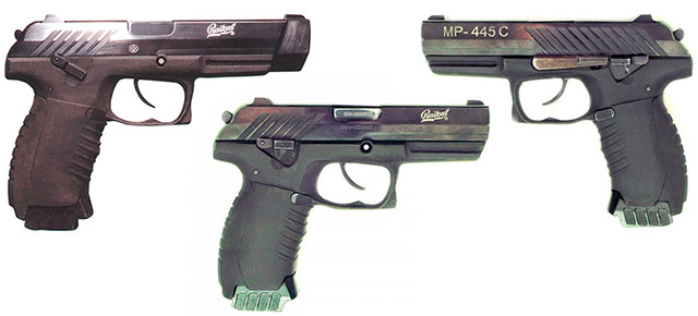 Пистолеты МР-445 (слева) и МР-445С (по центру и справа), 2000 год