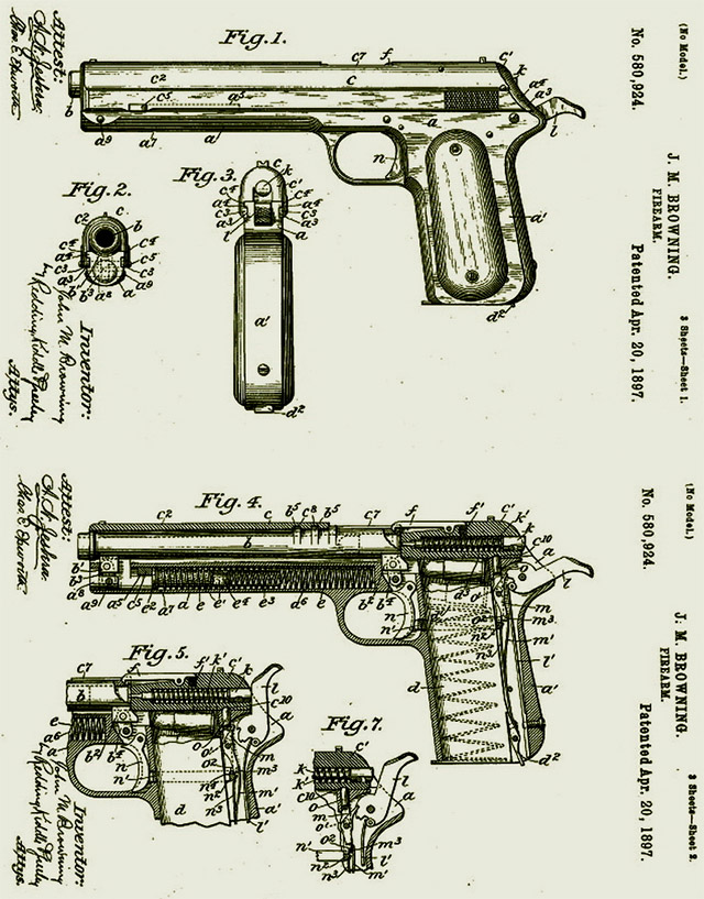 Чертежи пистолета из патента Джона Браунинга от 1897 года